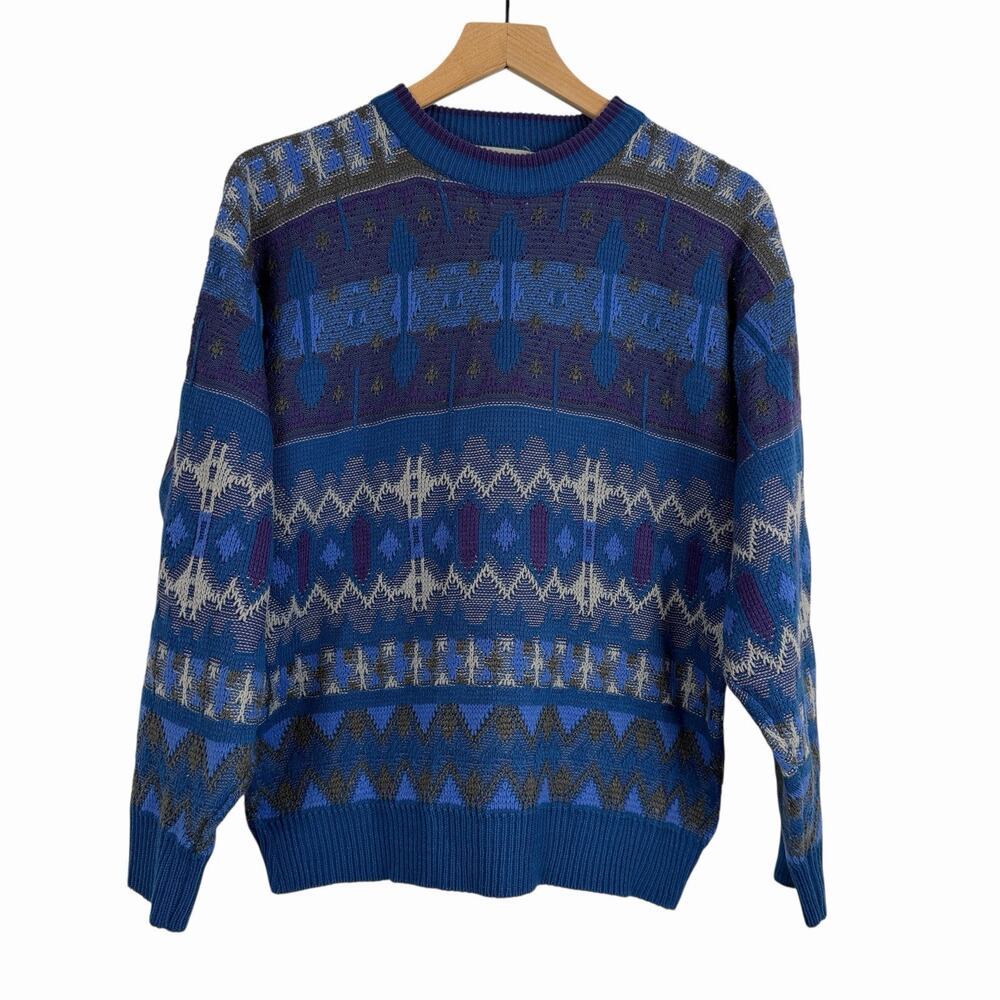 Vintage 90s Saturdays Sweater Men’s M Blue Purple 3D Knit Abstract Cosby Style